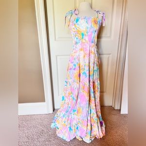 Pastel tie-dye long dress. Smocked top with tied straps